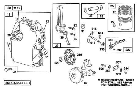 Crankcase Cover, Piston, Cam Diagram and Parts List for 82212-0393-01  Briggs and Stratton Engine